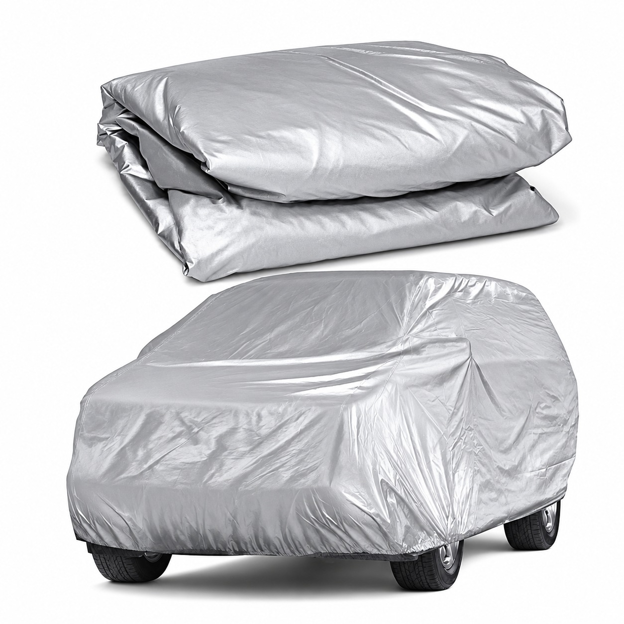 Folded silver cover and SUV-shaped coverage reference.