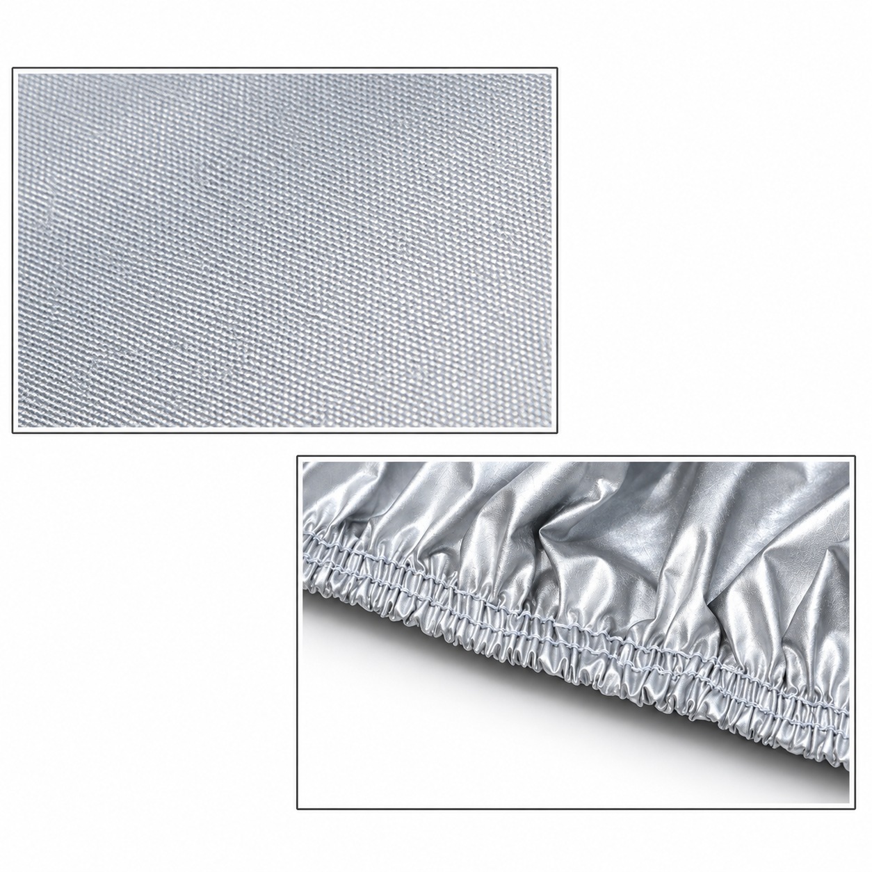 Silver fabric surface and gathered elastic edge.