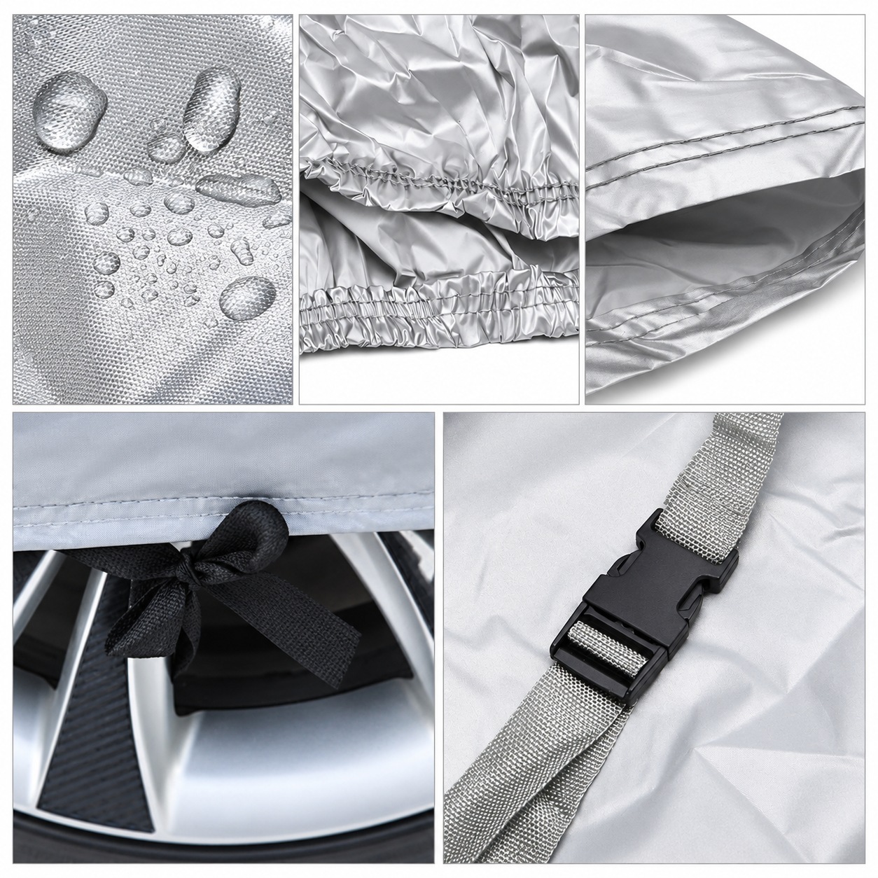 Water droplets, hem, seam, tie strap and buckle detail references.