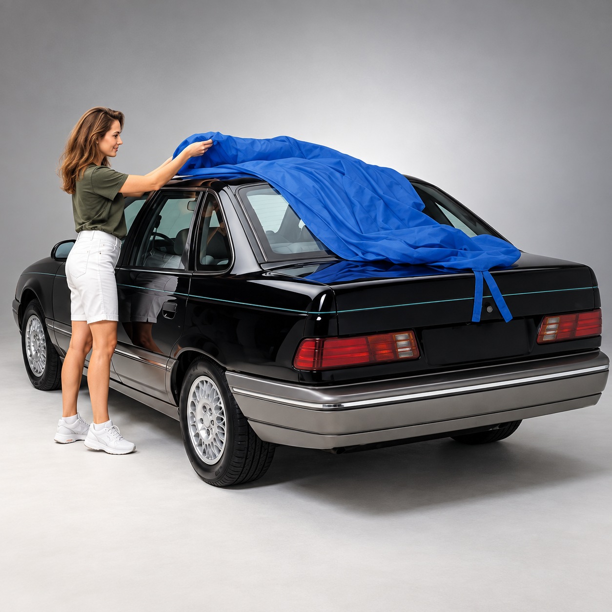 Fictional adult model demonstrating cover handling; blue-cover illustration.