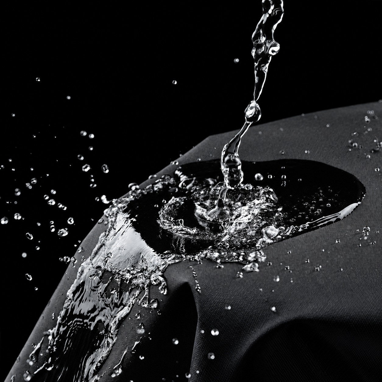Water on black fabric: an appearance illustration, not test evidence.