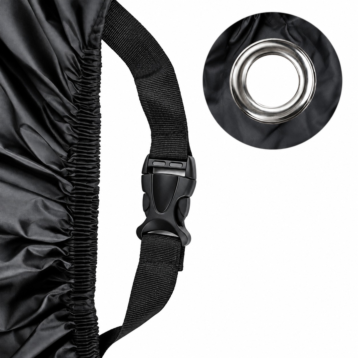 Elastic hem, webbing buckle and metal opening close-up.