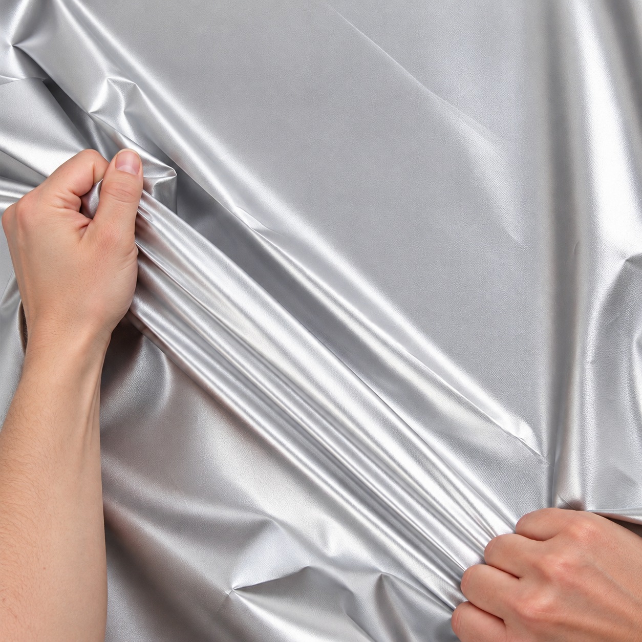 Fictional Western adult hands handling silver fabric; material illustration.