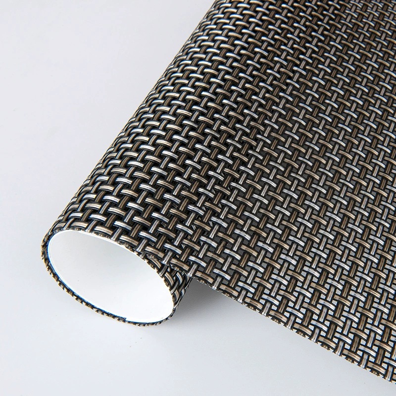 Curved open-mesh fabric with tan and dark woven strands.