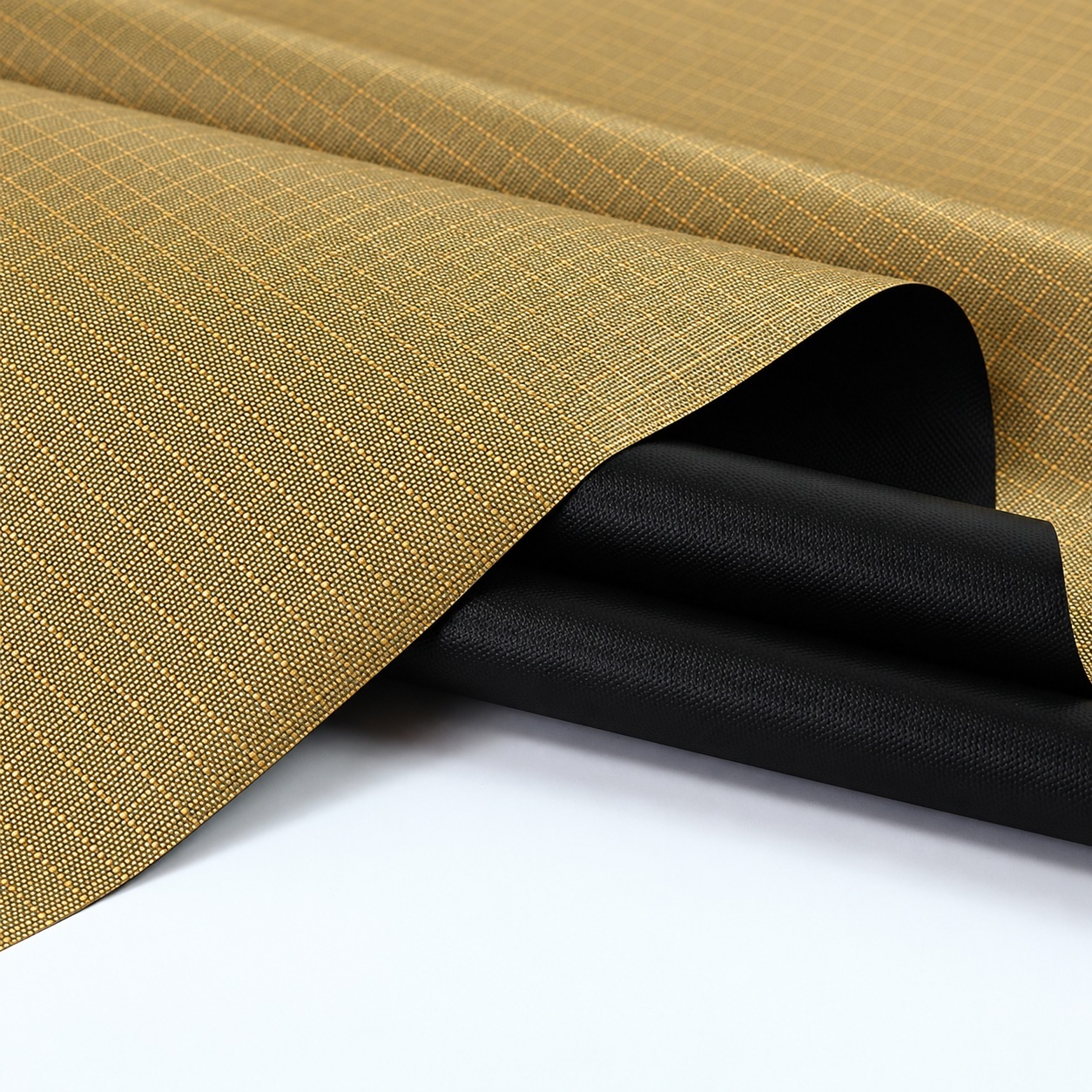 Representative black-coated polyester fabric showing the face and dark reverse