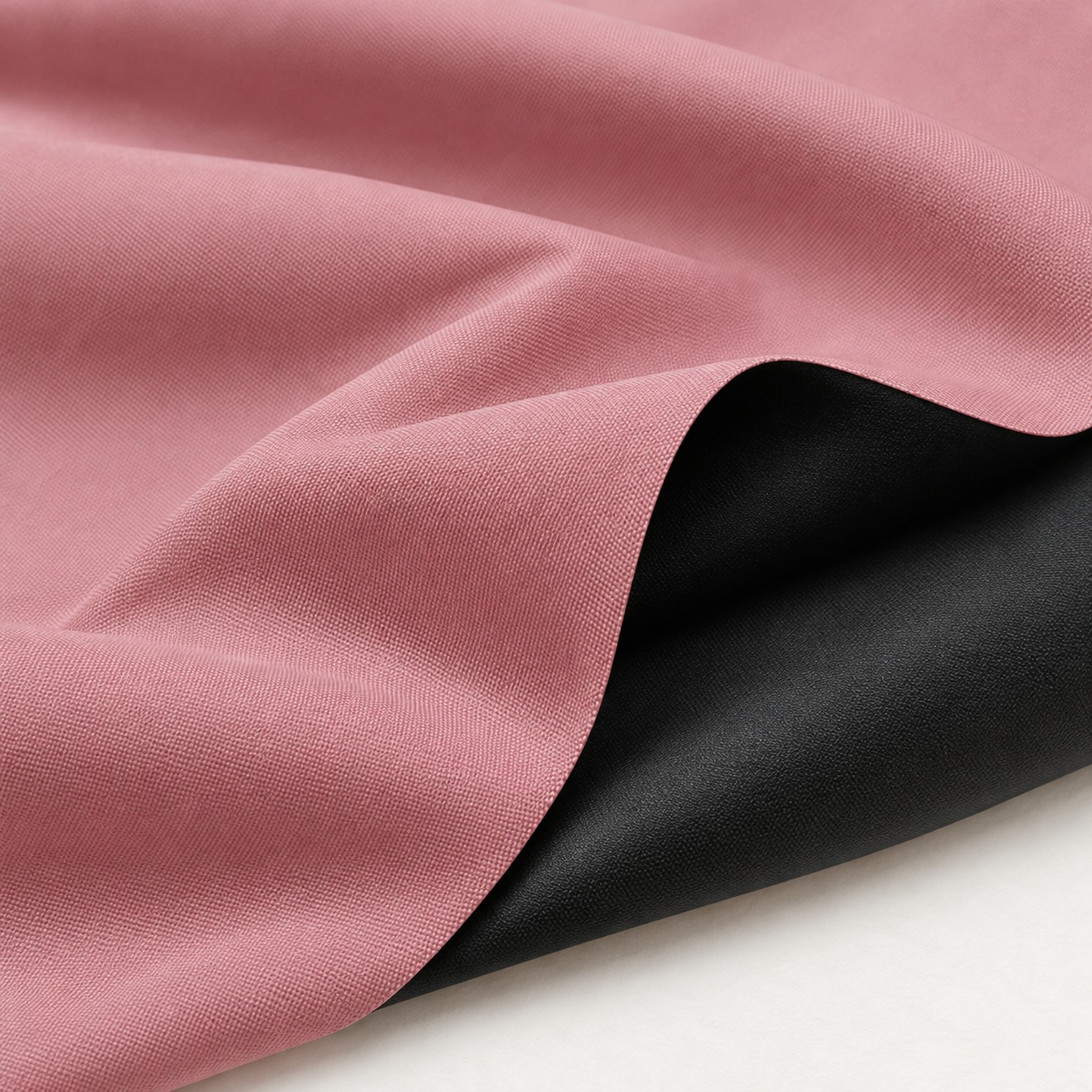 AI-generated appearance reference of pink plain fabric face and matte black-coated reverse