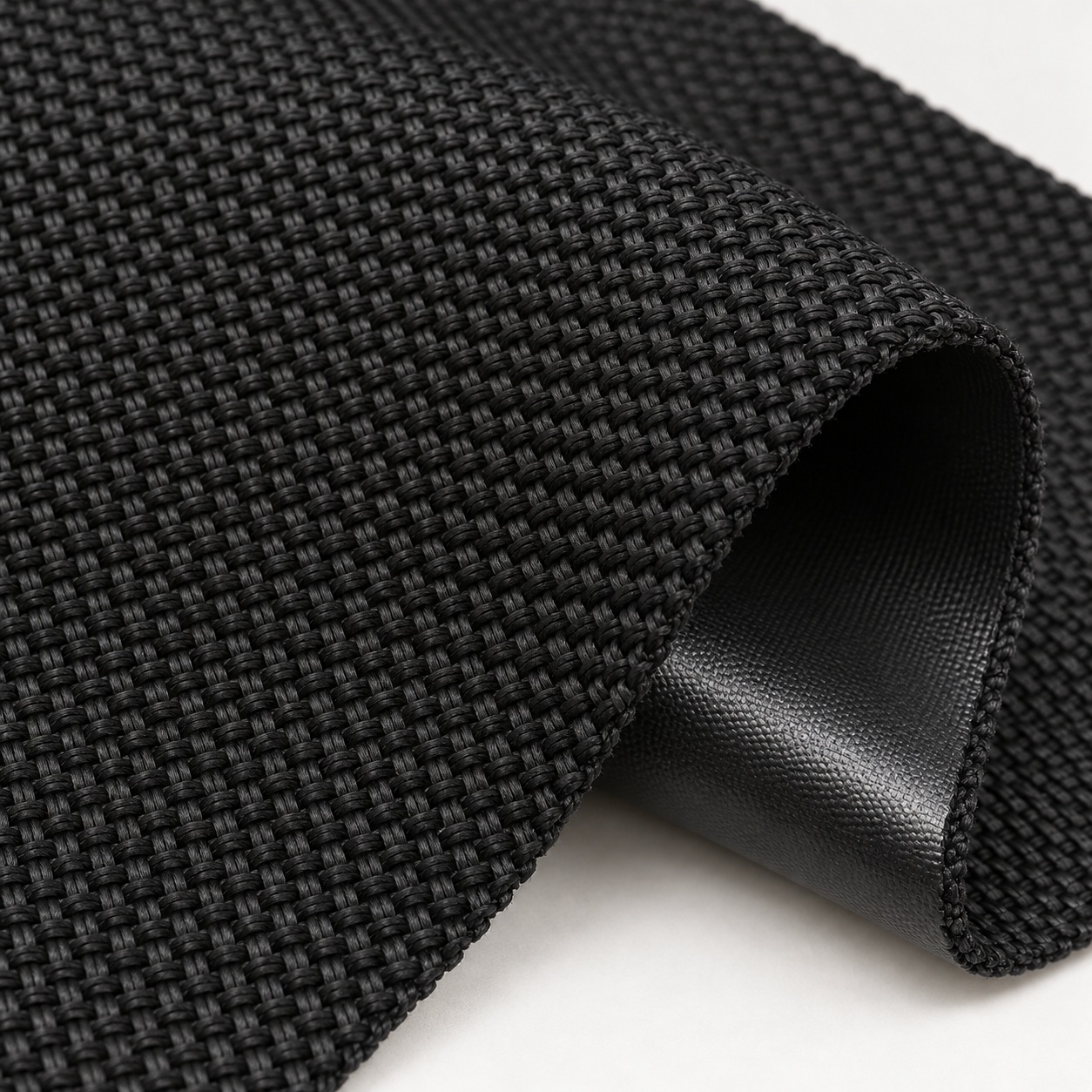 AI-generated black coarse paired-yarn Oxford bag fabric appearance reference