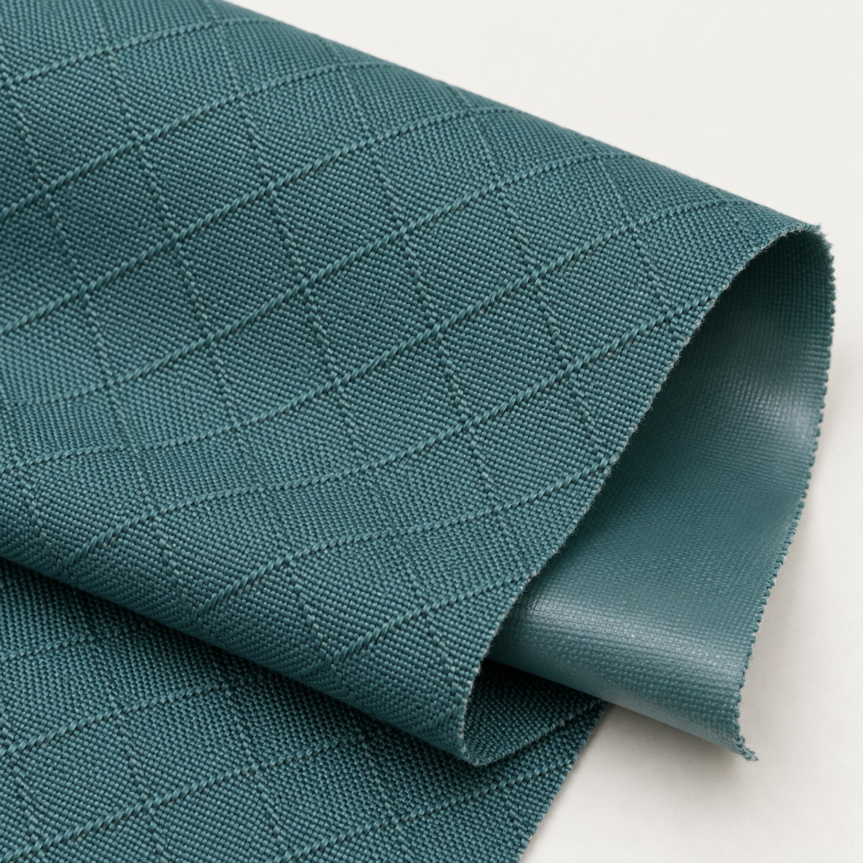 AI-generated teal woven diamond-grid bag fabric appearance reference with a folded reverse