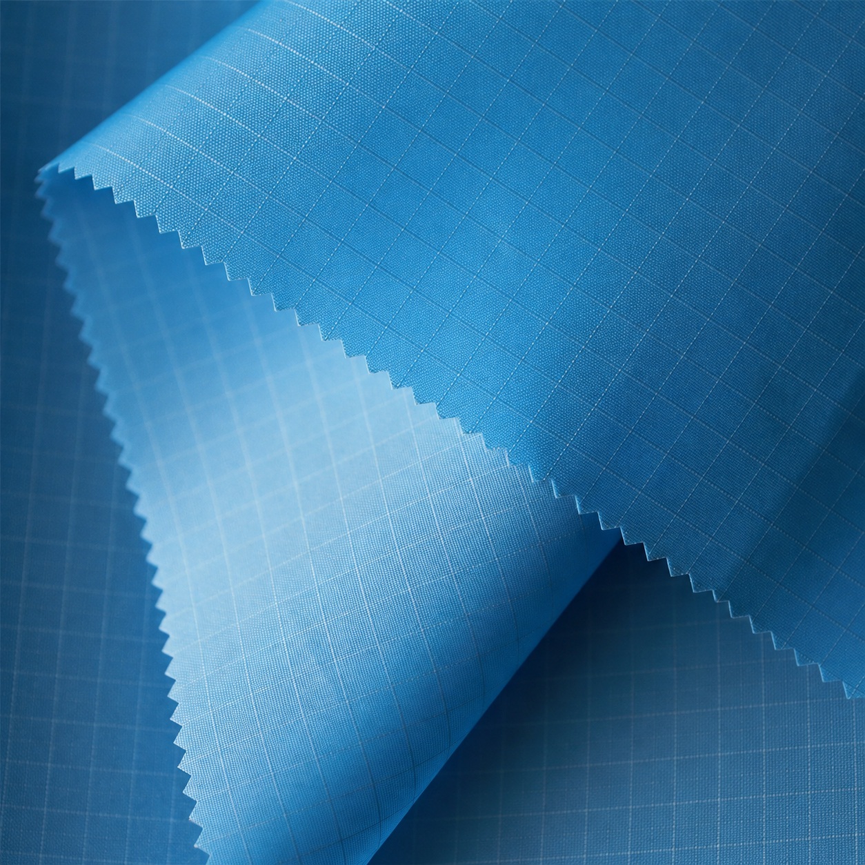 Blue grid fabric swatches with folded zigzag-cut edges.