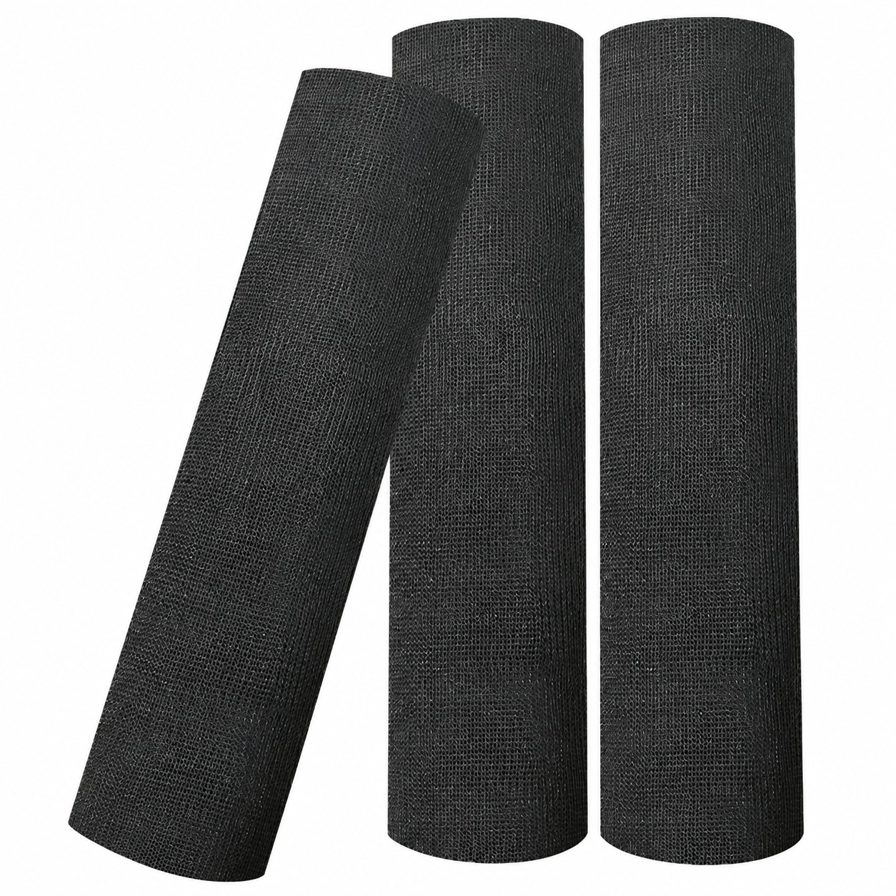 Three upright rolls of black open-mesh fabric.